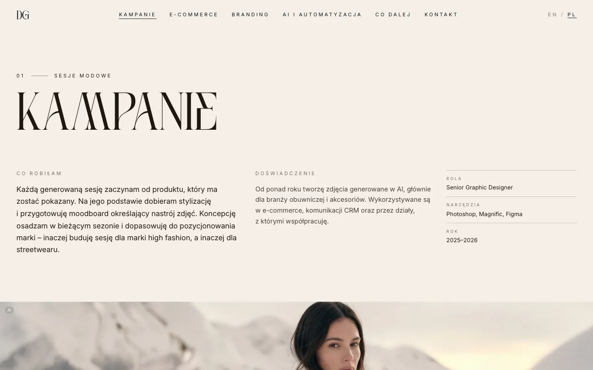 The Campaign chapter of dominikagluszkowska.com on a desktop screen: what she did, her experience, role, tools and years